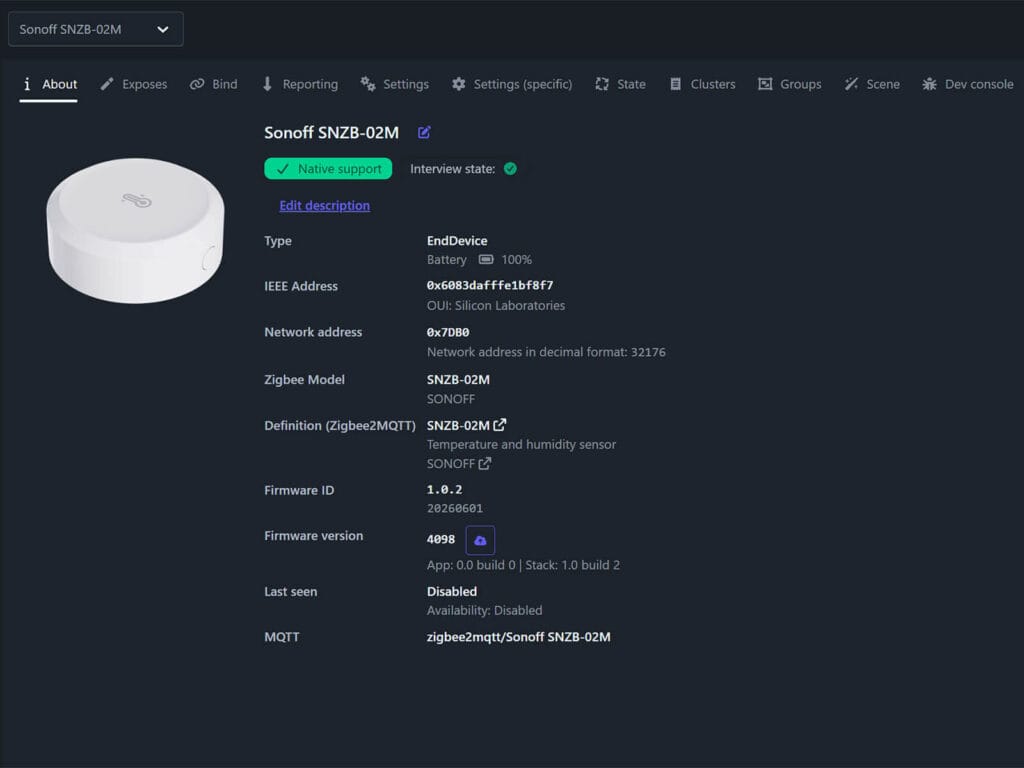 Sonoff SNZB-02M Added to Zigbee2MQTT