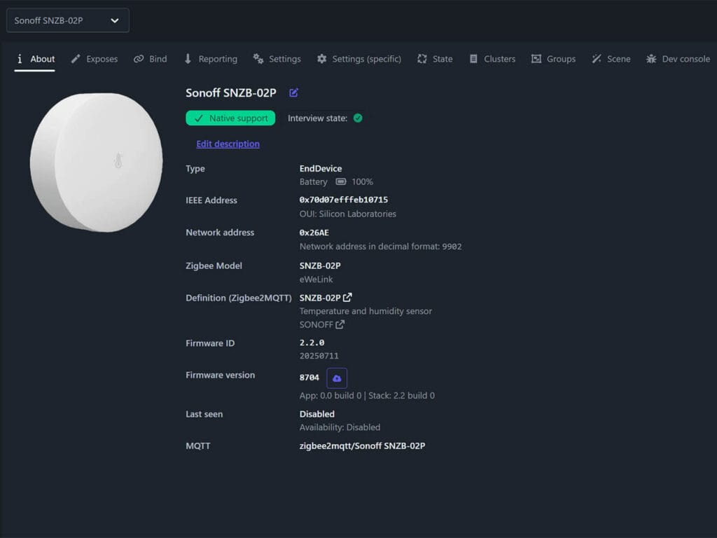 Sonoff SNZB-02P Added to Zigbee2MQTT