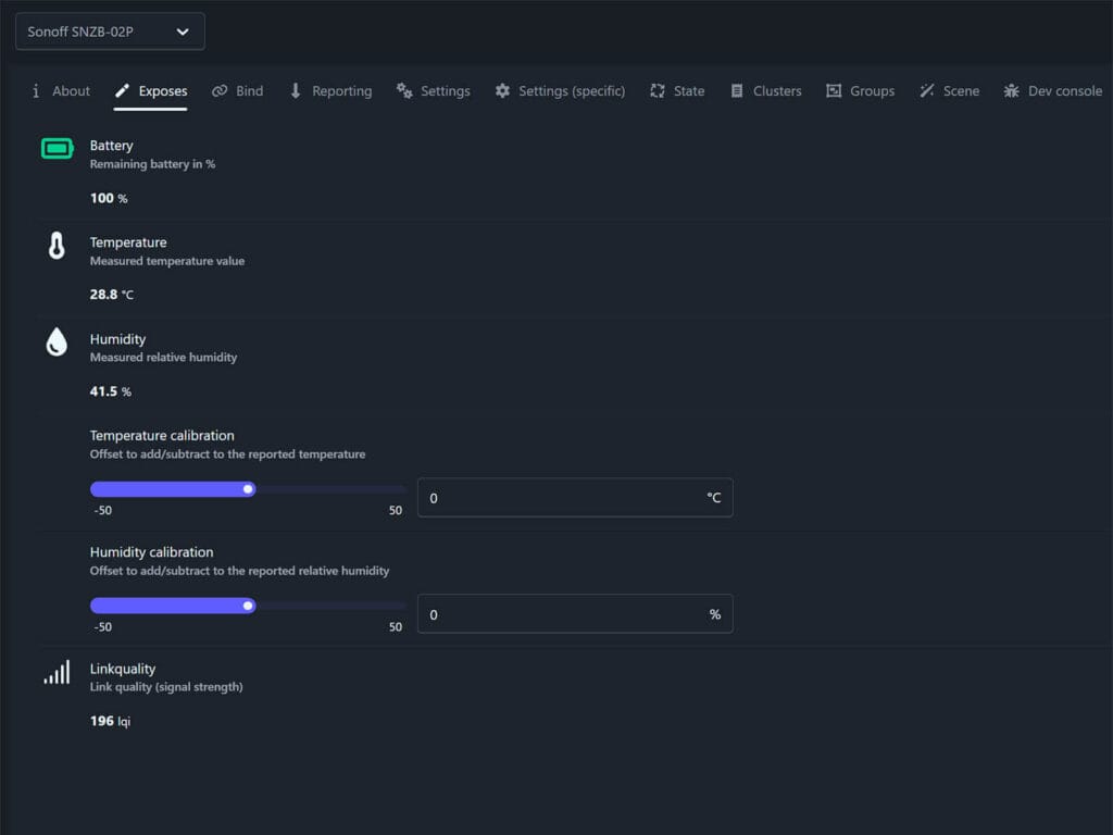 Sonoff SNZB-02P Zigbee2MQTT Exposes