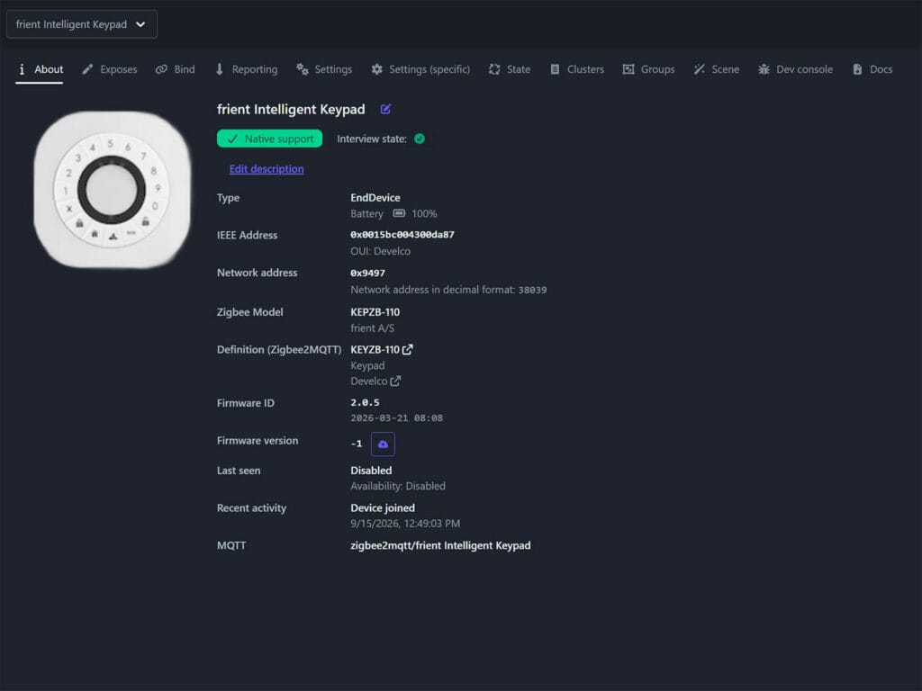 firent Intelligent Keypad Added to Zigbee2MQTT