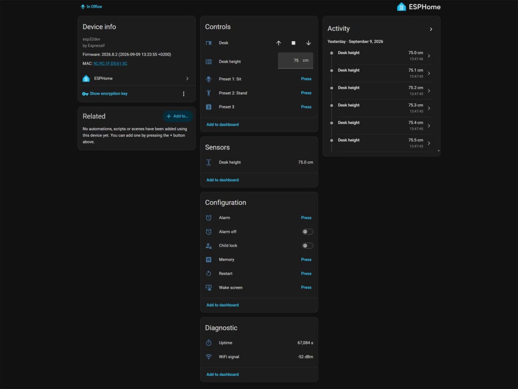 Integrating Standing Desk in Home Assistant with ESPHome: Added to HA
