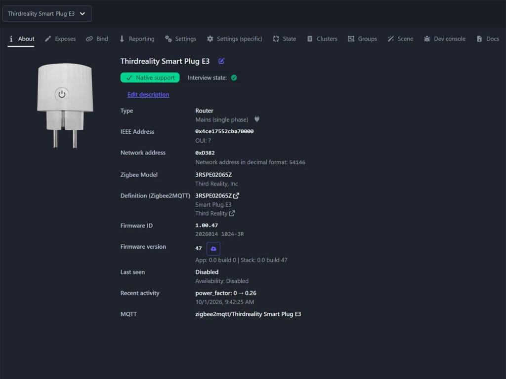 Thirdreality Smart Plug E3 Added to Zigbee2MQTT