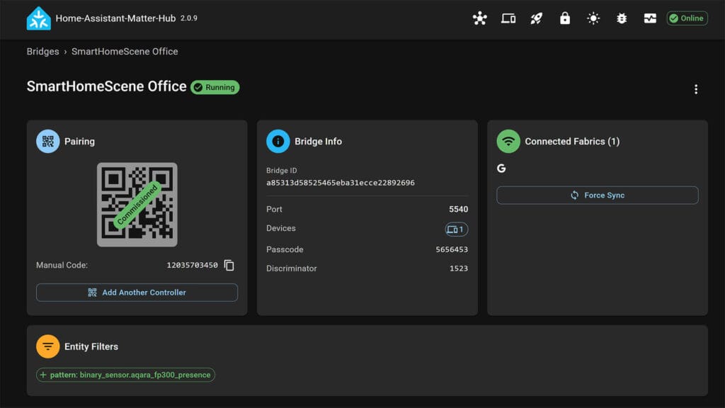 Home Assistant Matter Hub Bridge Commissioned with QR Code