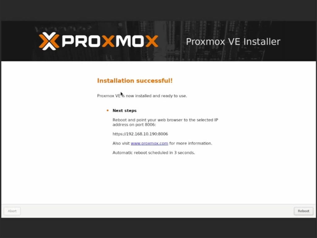 Installing Proxmox Successfully Finished
