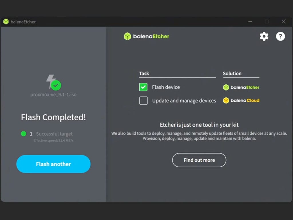 Installing Proxmox Flashing USB with Balena Etcher Completed