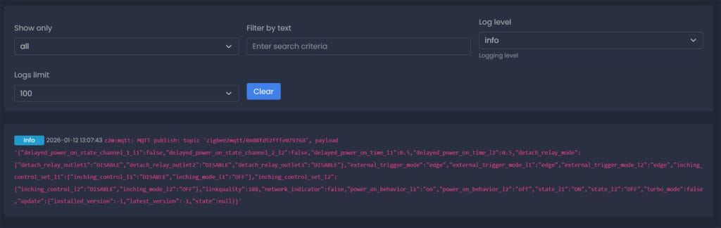 Sonoff MINI DUO Smart Switch Zigbee2MQTT Payloads from Logs